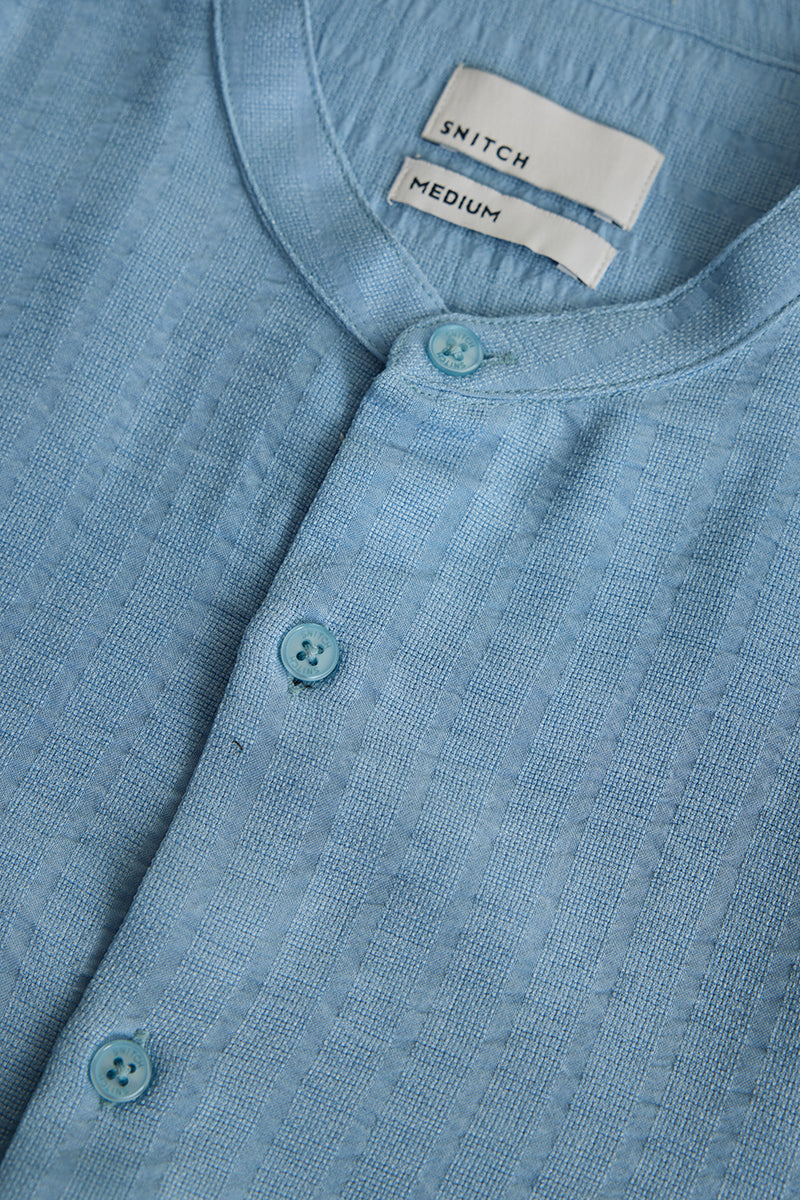 Light Blue Mandarin Self Stripe Shirt