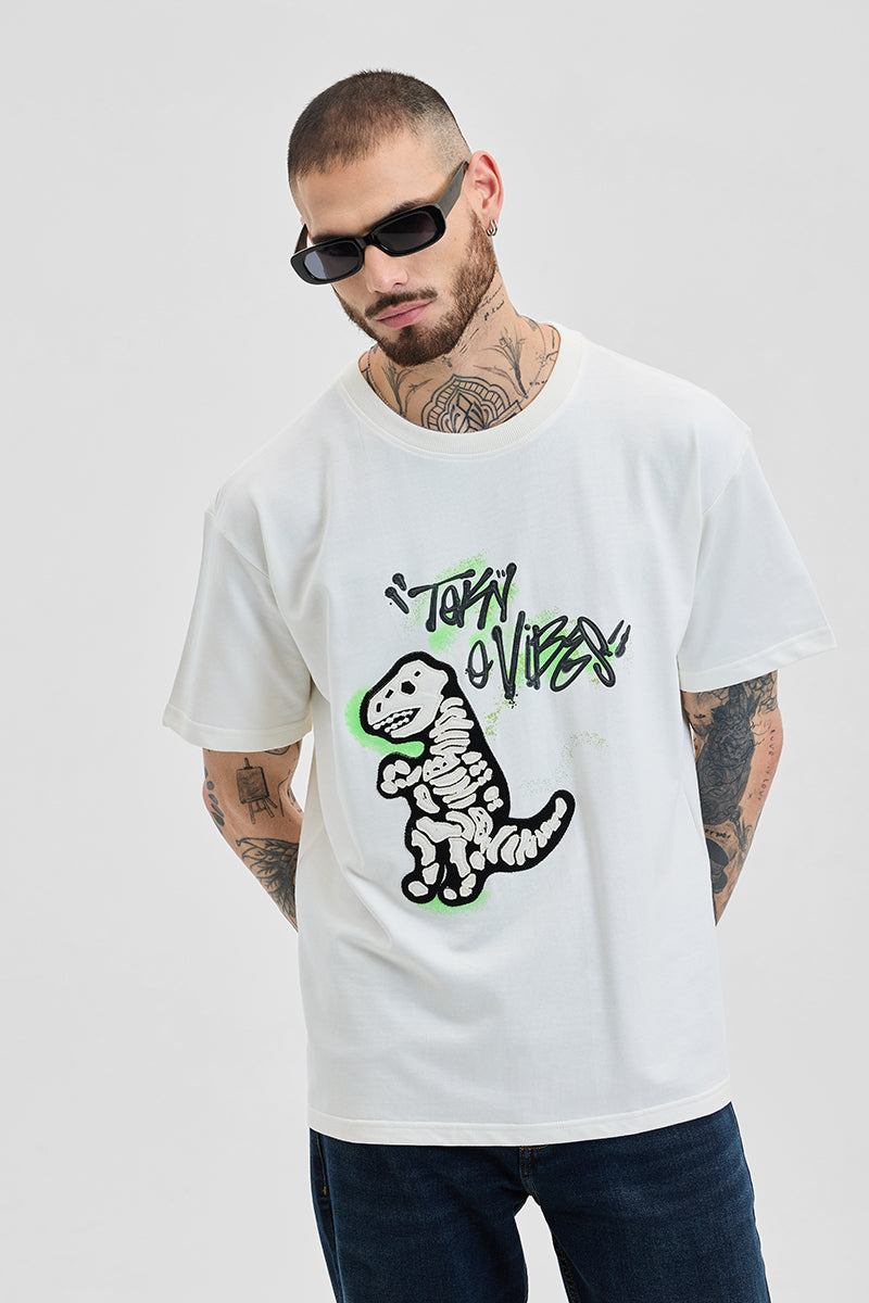 Dino Off White Printed Oversized Fit T-Shirt