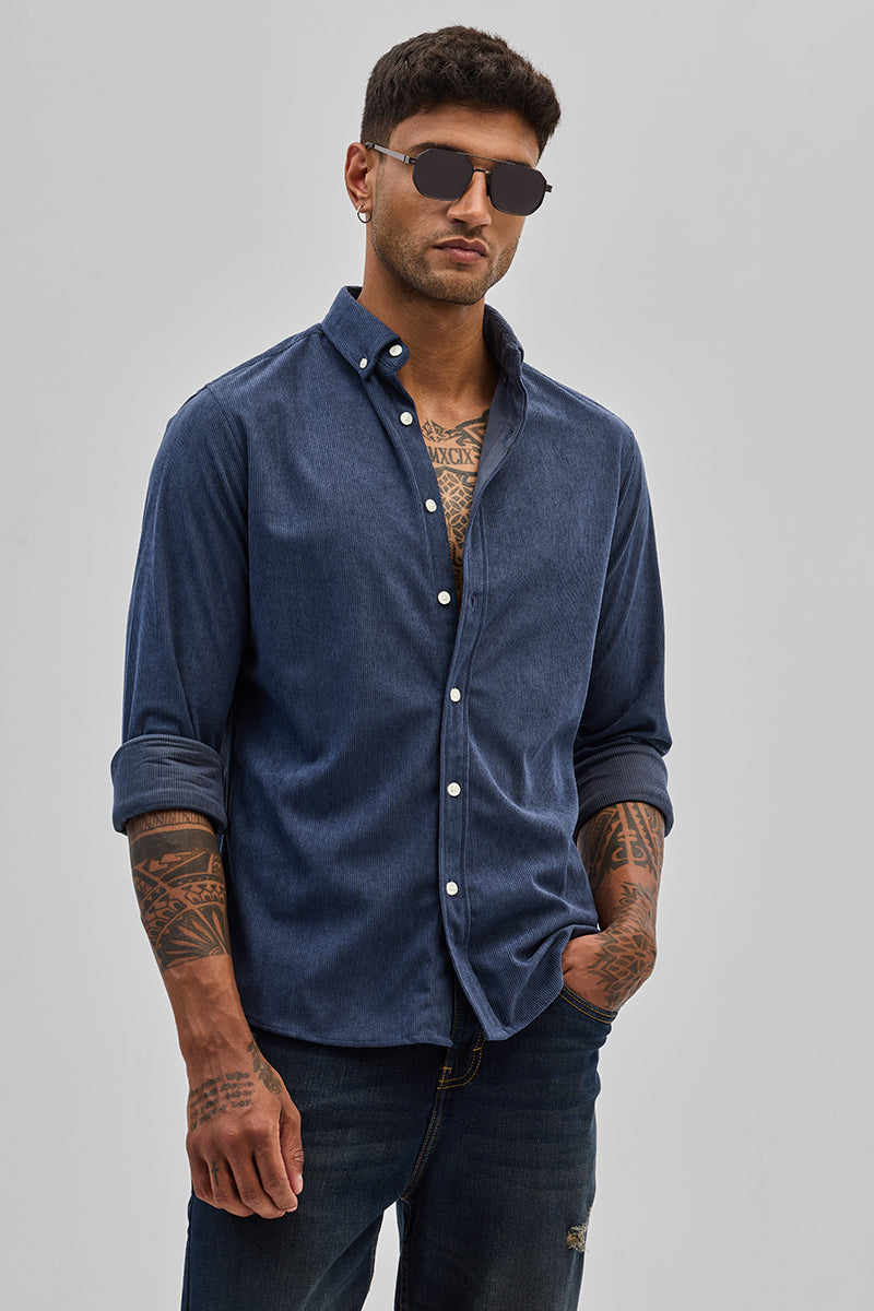 Blue Slim Fit Corduroy Shirt