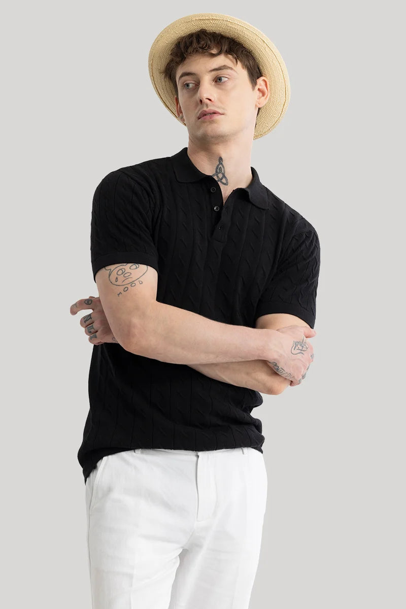 Fresco Black Knitted Polo T-Shirt