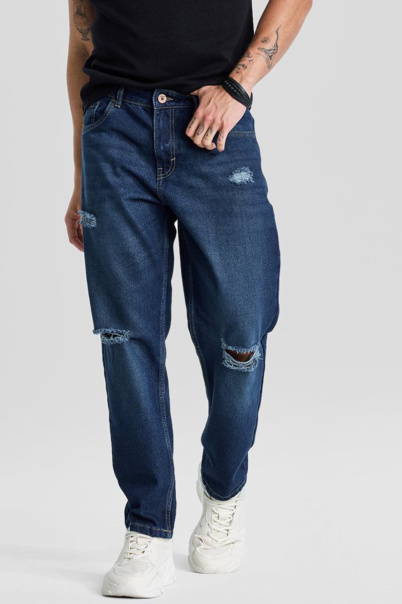 Navy Distressed Baggy Fit Jeans