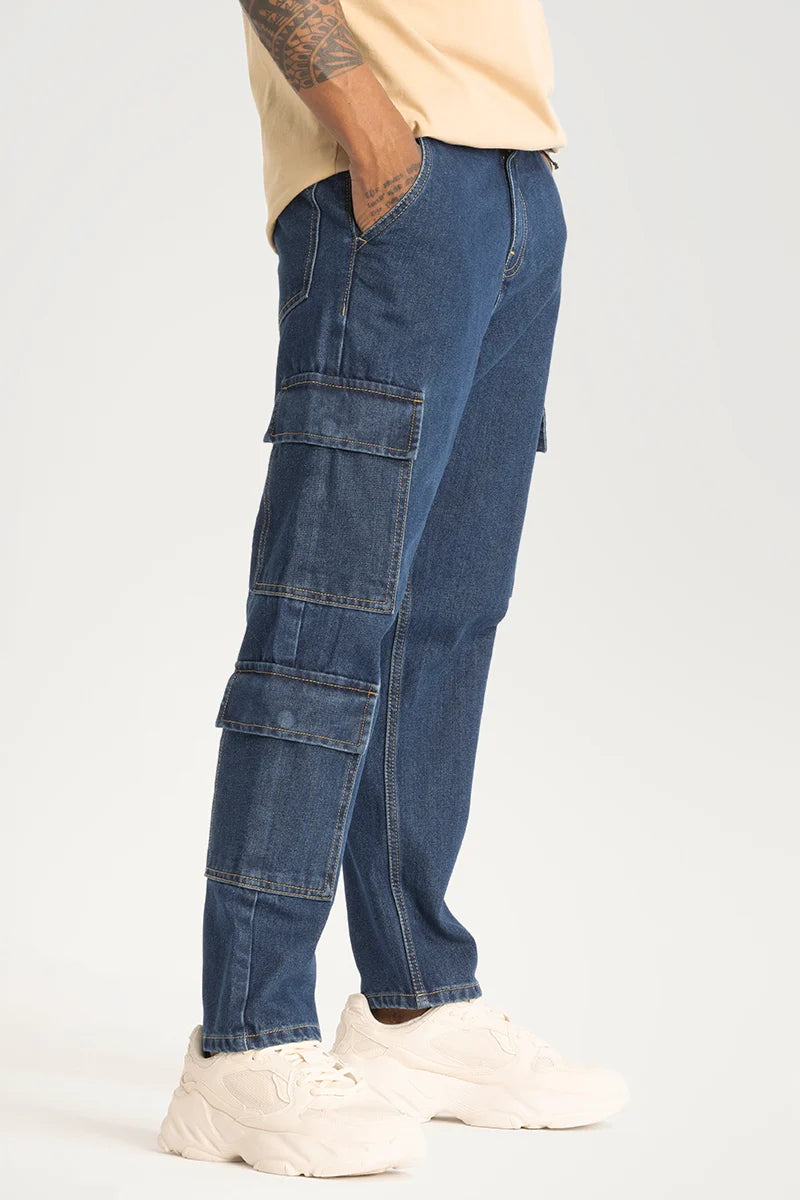 Dark Blue Baggy Fit Cargo Jeans