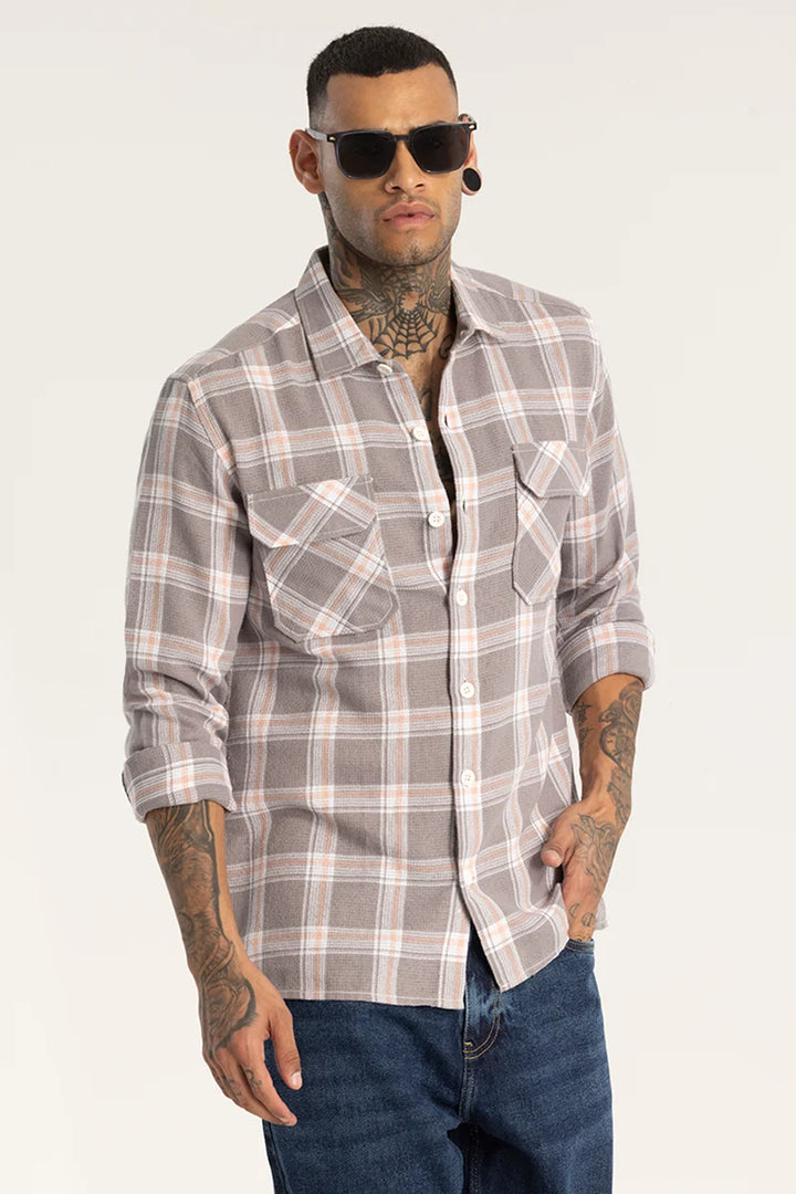 Grey Double Pocket Checks Shirt