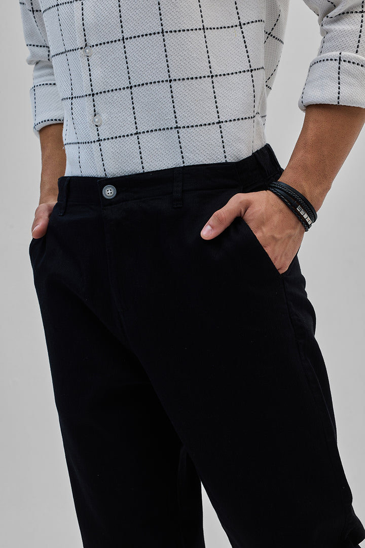 Black Textured Relaxed Fit Trousers