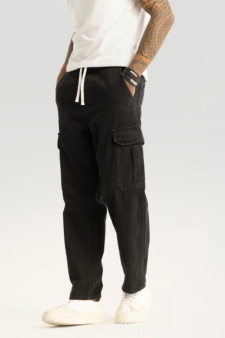 Pull On Black Plain Baggy Fit Jeans