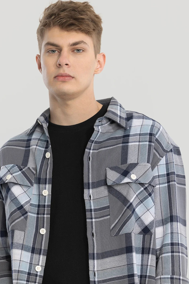 Grey Double Pocket Checks Shirt