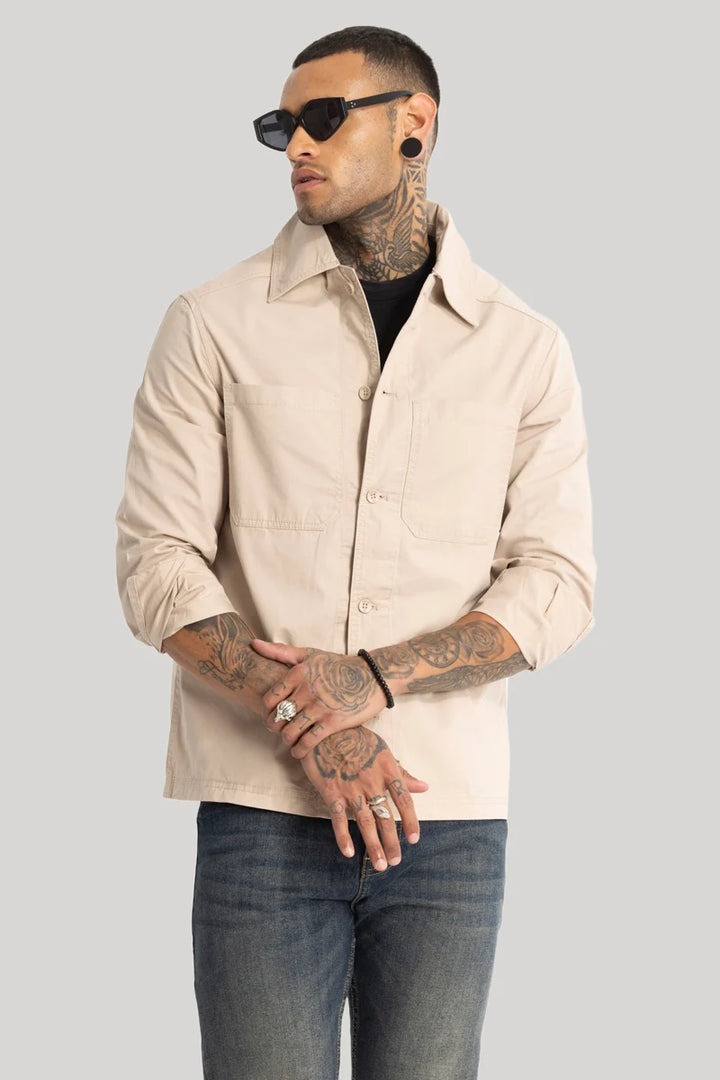 Double Pocket Beige Overshirt