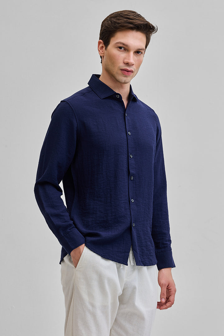 Navy Textured Linen Blend Shirt