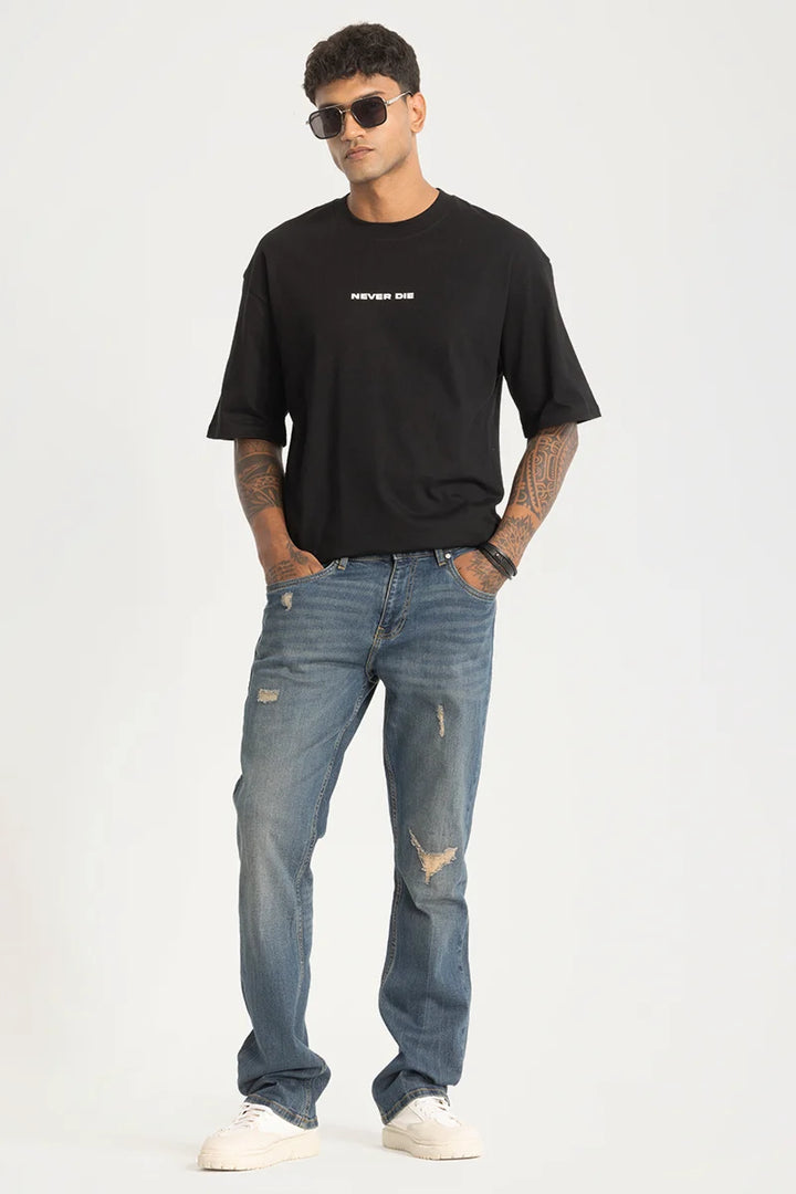 Dark Blue Distressed Straight Fit Jeans