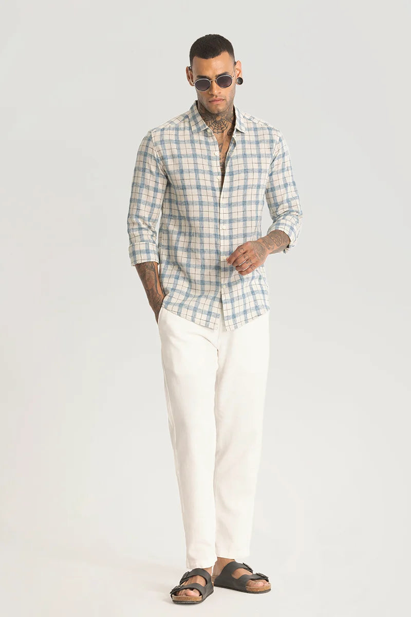 Light Blue Linen Blend Checks Shirt