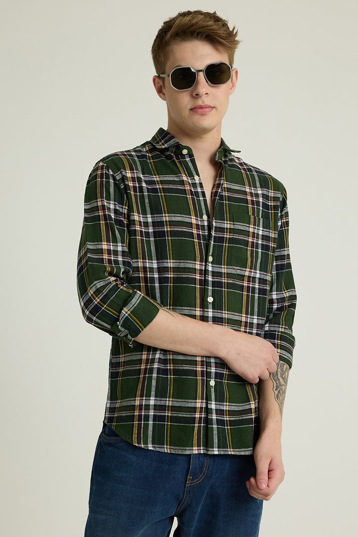 Dark Green Checks Linen Shirt