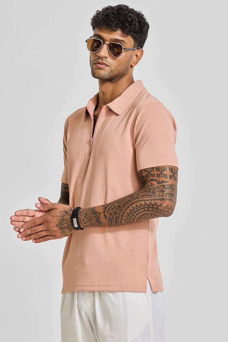 Peach Zipper Textured Polo T-Shirt