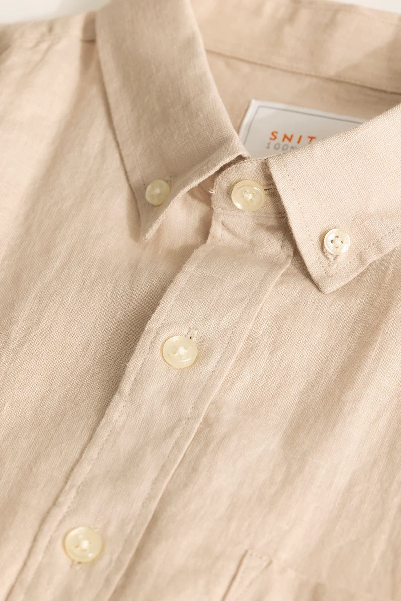 Elementary Beige Plain Pure Linen Shirt