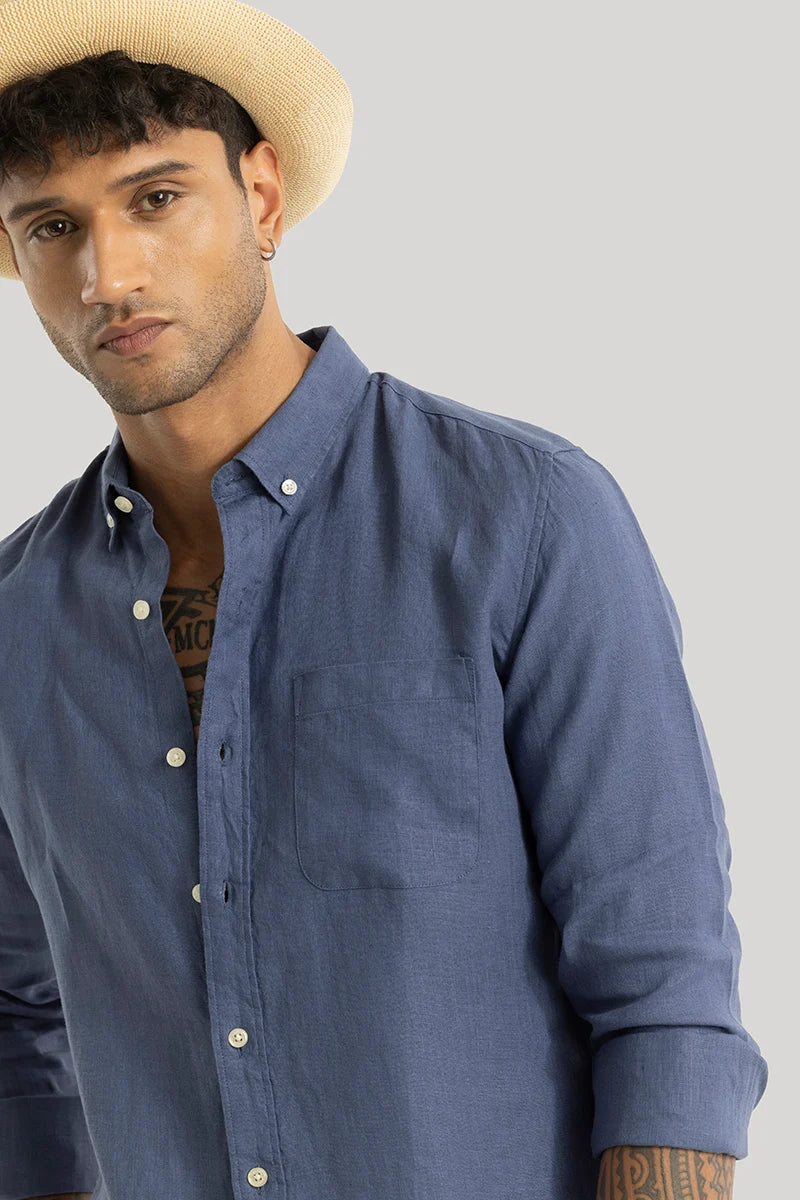 Elementary Stone Blue Plain Pure Linen Shirt