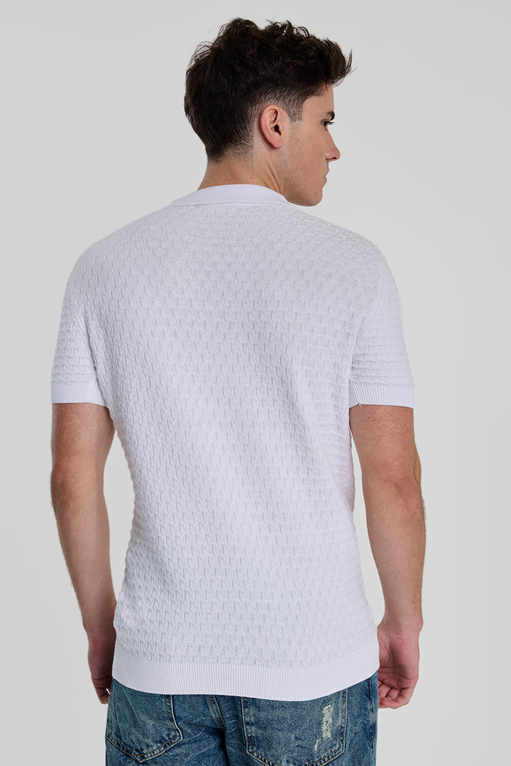 White Zipper Knitted Polo T-Shirt