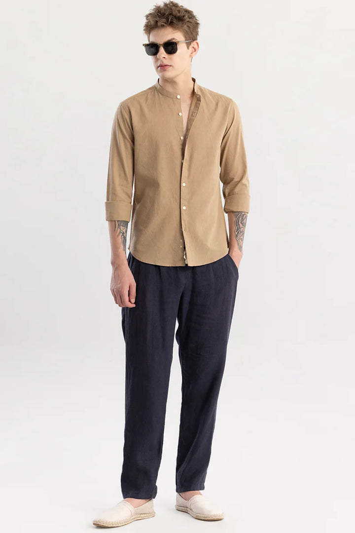 Linen Elegance Khaki Plain Shirt