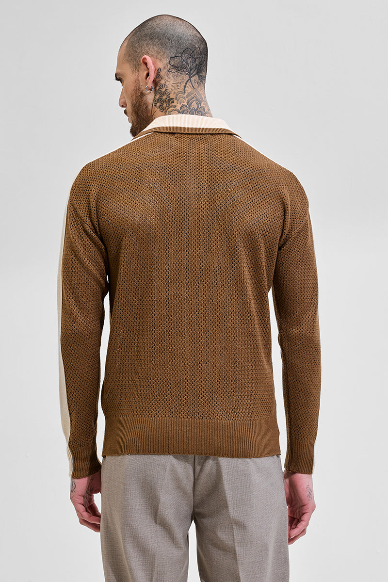 Brown Colourblocked Knitted Polo T-Shirt