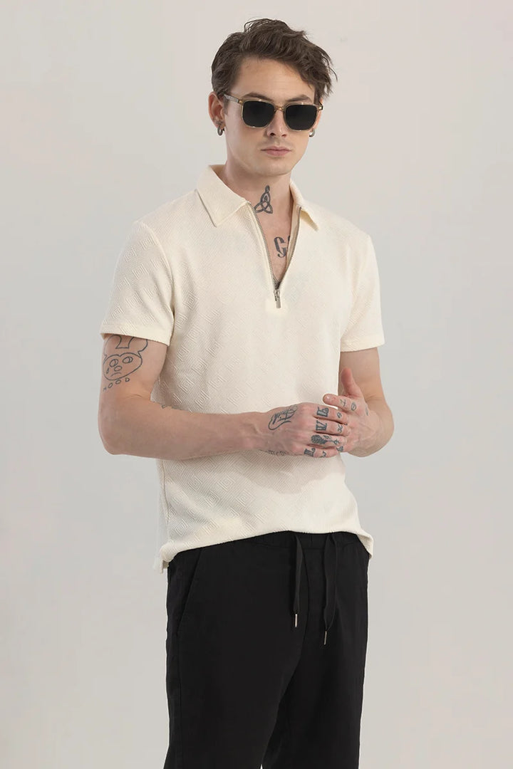 ZipPolo Printed Cream Polo T-Shirt