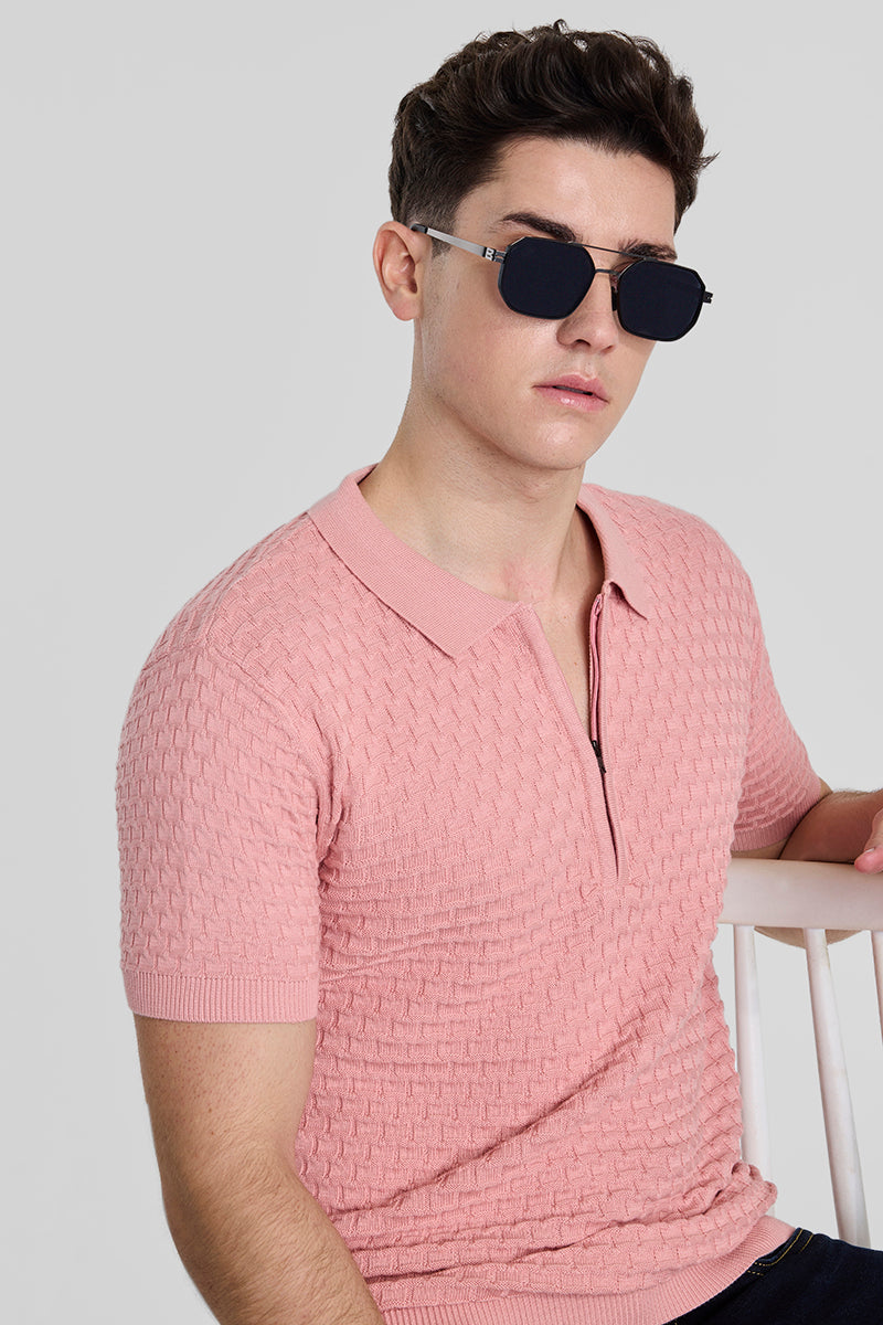 Light Pink Zipper Knitted Polo T-Shirt