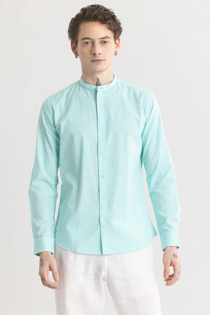 Mandarique Light Blue Linen Blend Shirt