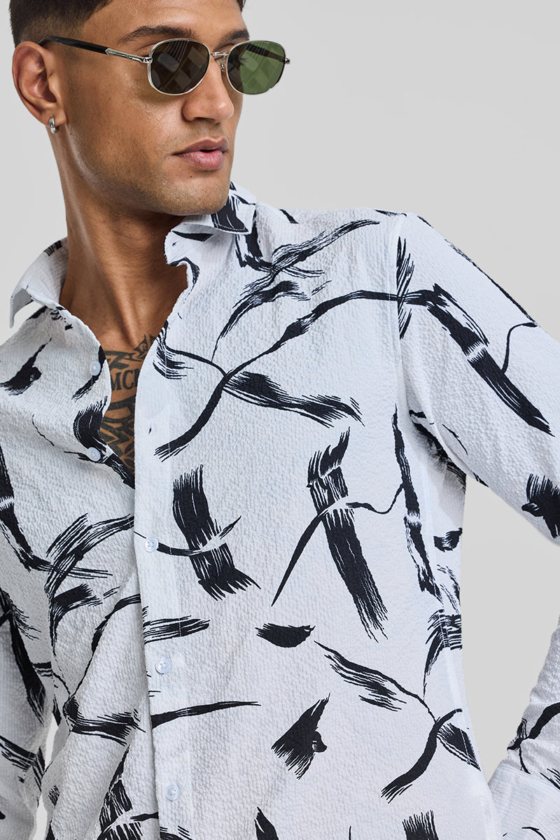 White Abstract Printed Slim Fit Shirt