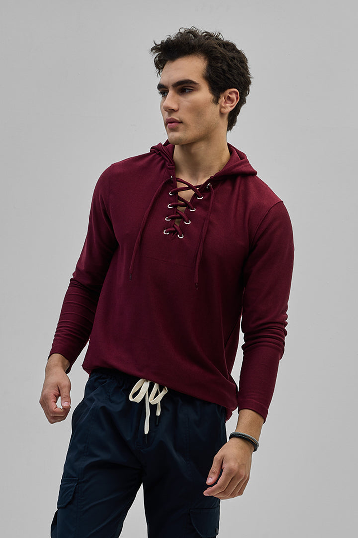 Maroon Lace-Up Textured Hoodie