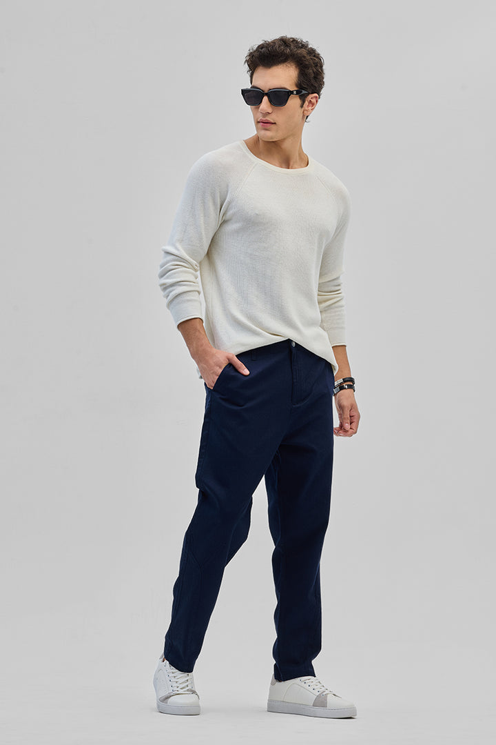 Navy Textured Relaxed Fit Trousers