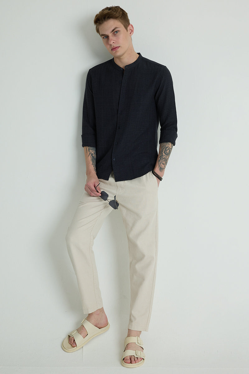 Navy Mandarin Self Stripe Shirt