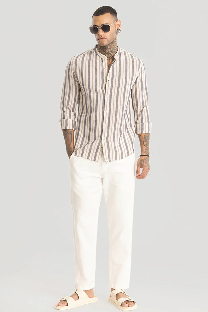 Cream Stripes Linen Blend Shirt