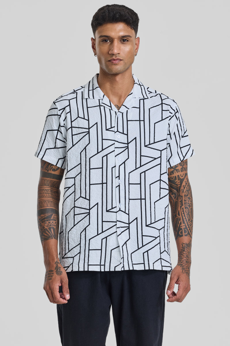 White Geometric Slim Fit Shirt