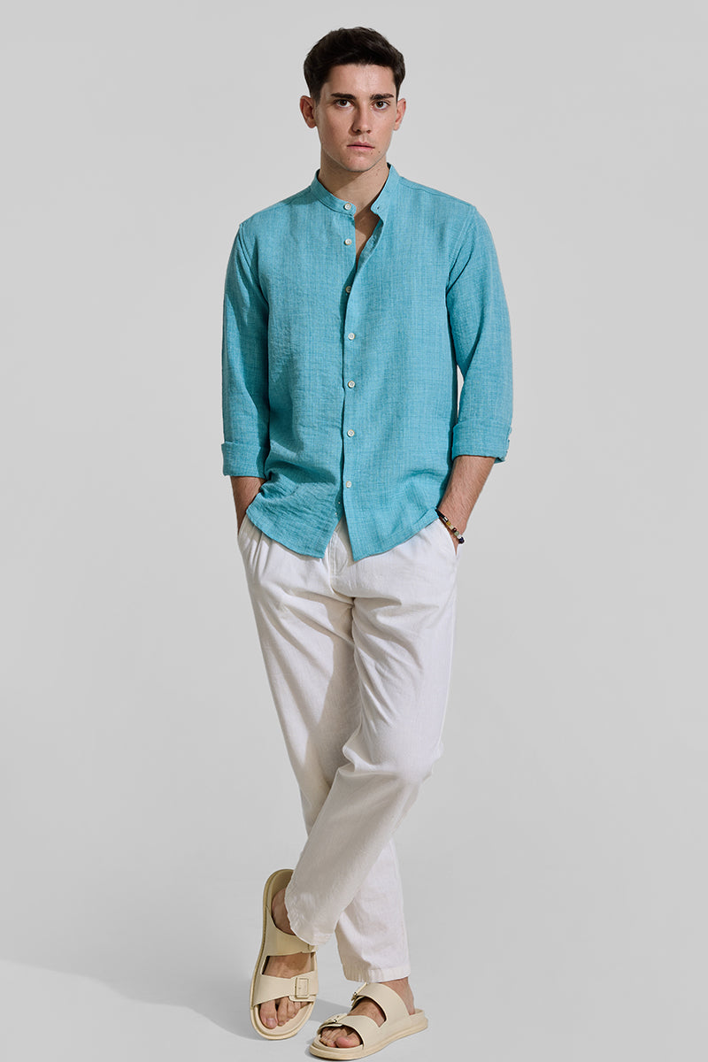 Turquoise Mandarin Textured Shirt