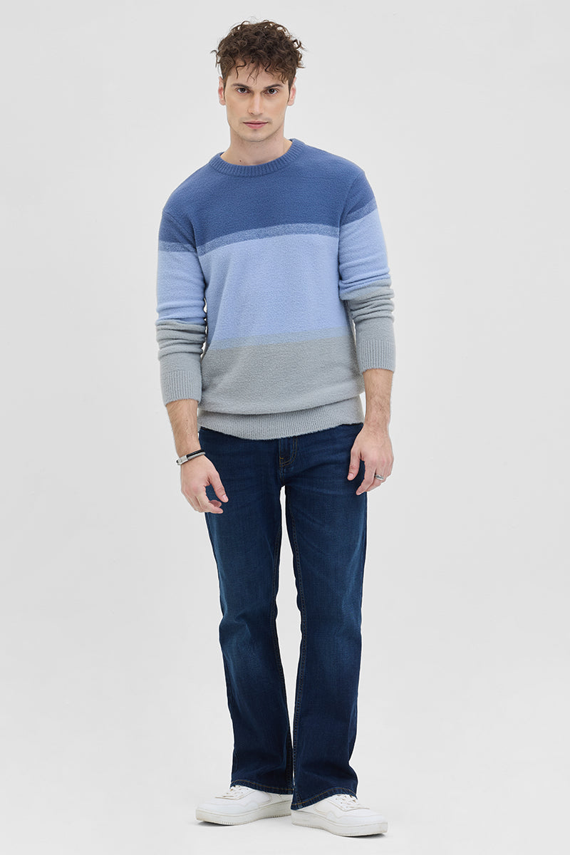 Blue Colourblocked Relaxed Fit Sweater