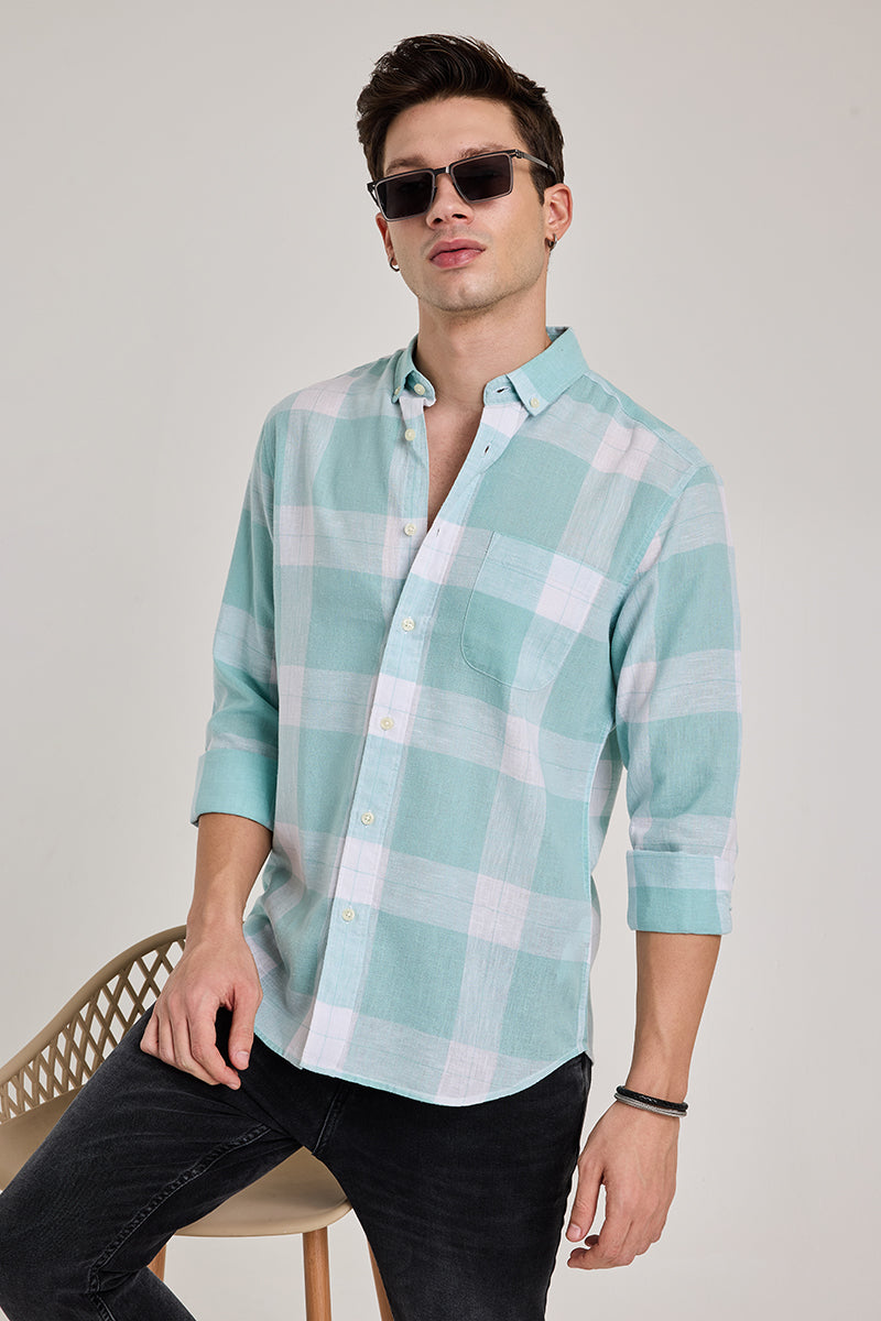 Turquoise Checks Linen Blend Shirt