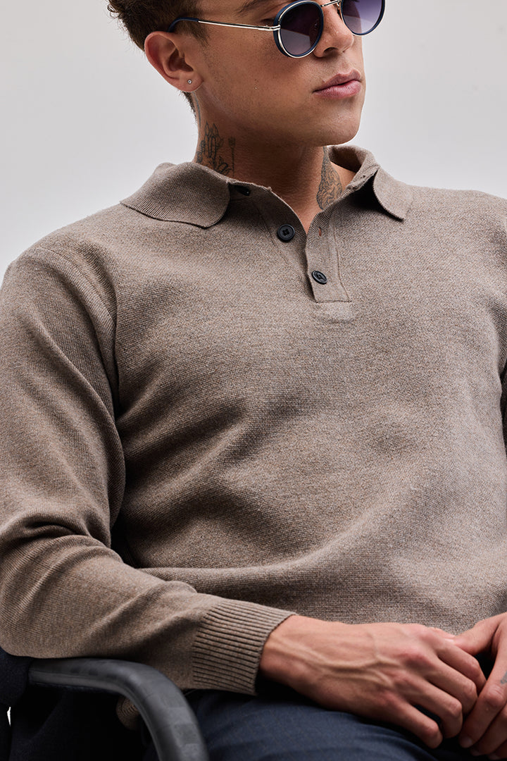 Light Brown Knitted Polo Sweater