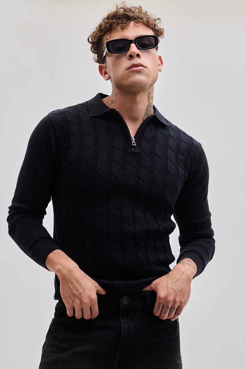 Black Zipper Knitted Polo T-Shirt