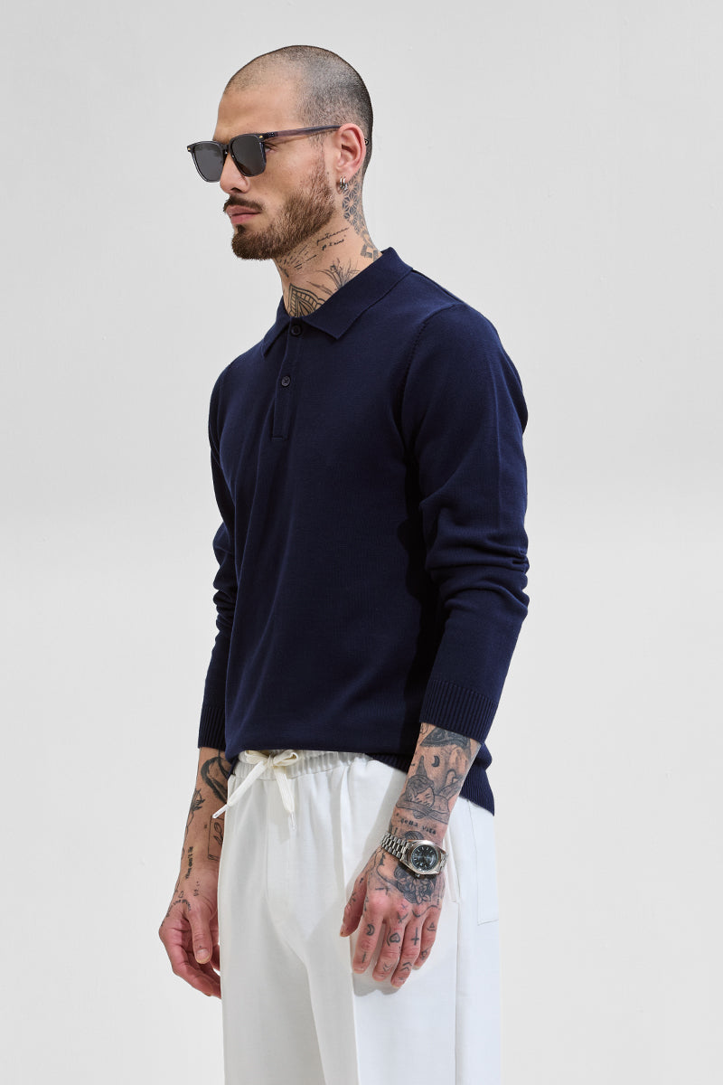 Core Lab Navy Slim Fit Knitted Polo T-Shirt