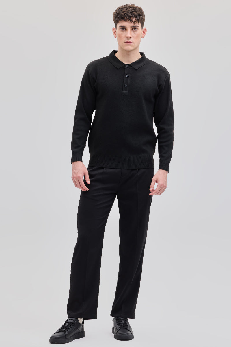 Black Knitted Polo Sweater