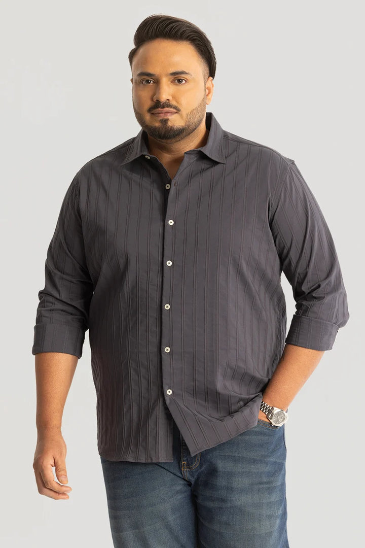 Grey Self Stripe Textured Plus Size Shirt