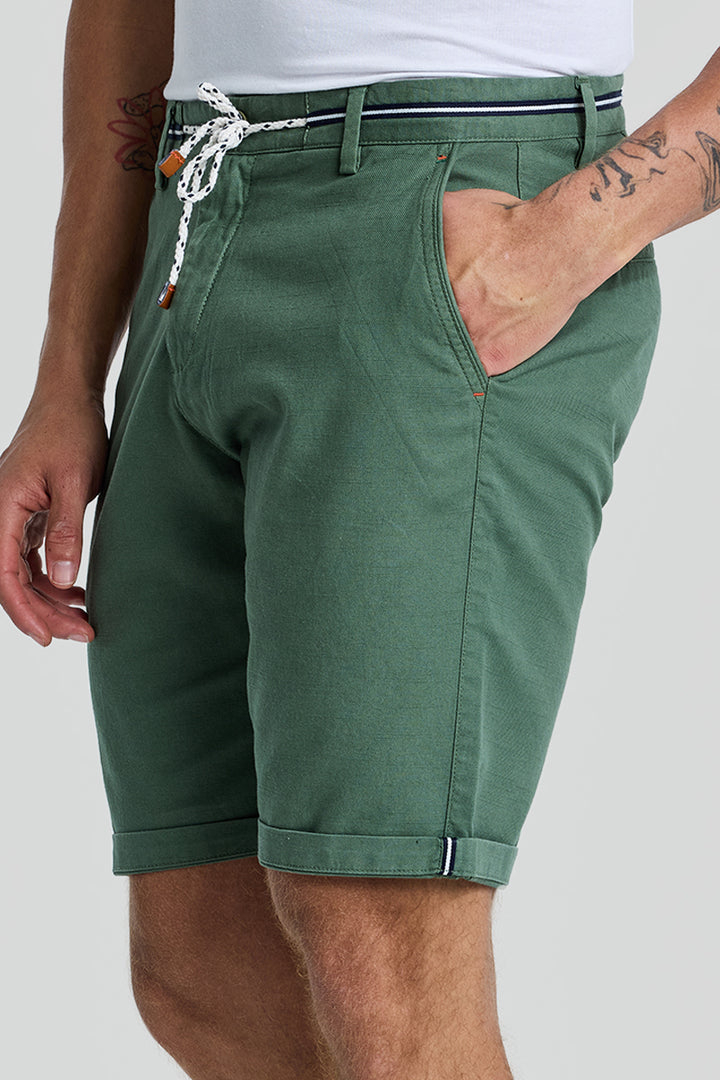 Green Plain Linen Regular Fit Shorts