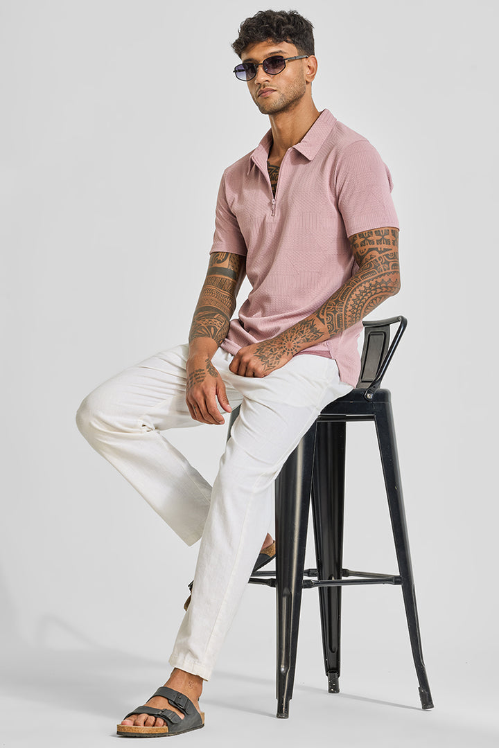 Light Pink Zipper Textured Polo T-Shirt