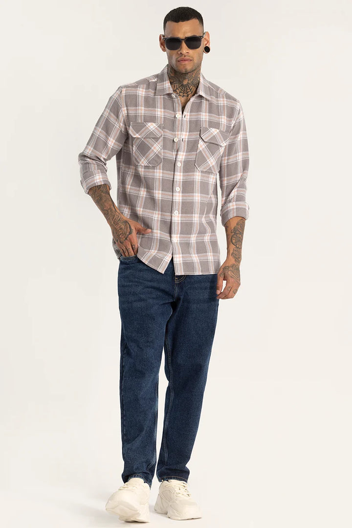 Grey Double Pocket Checks Shirt