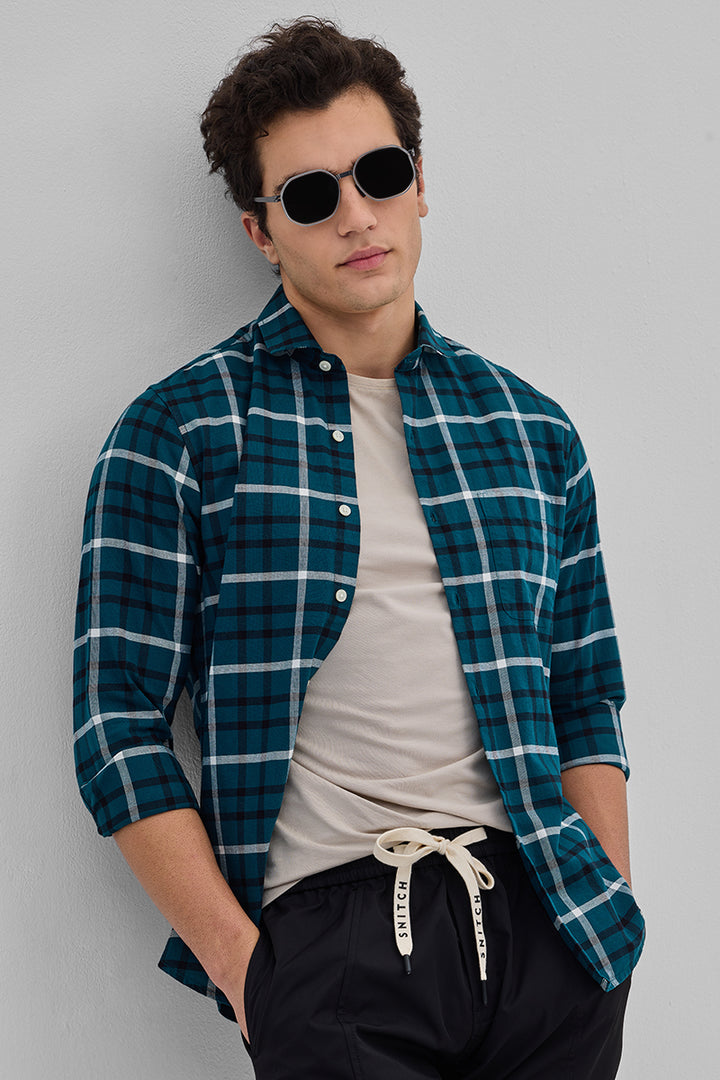 Teal Slim Fit Checks Shirt