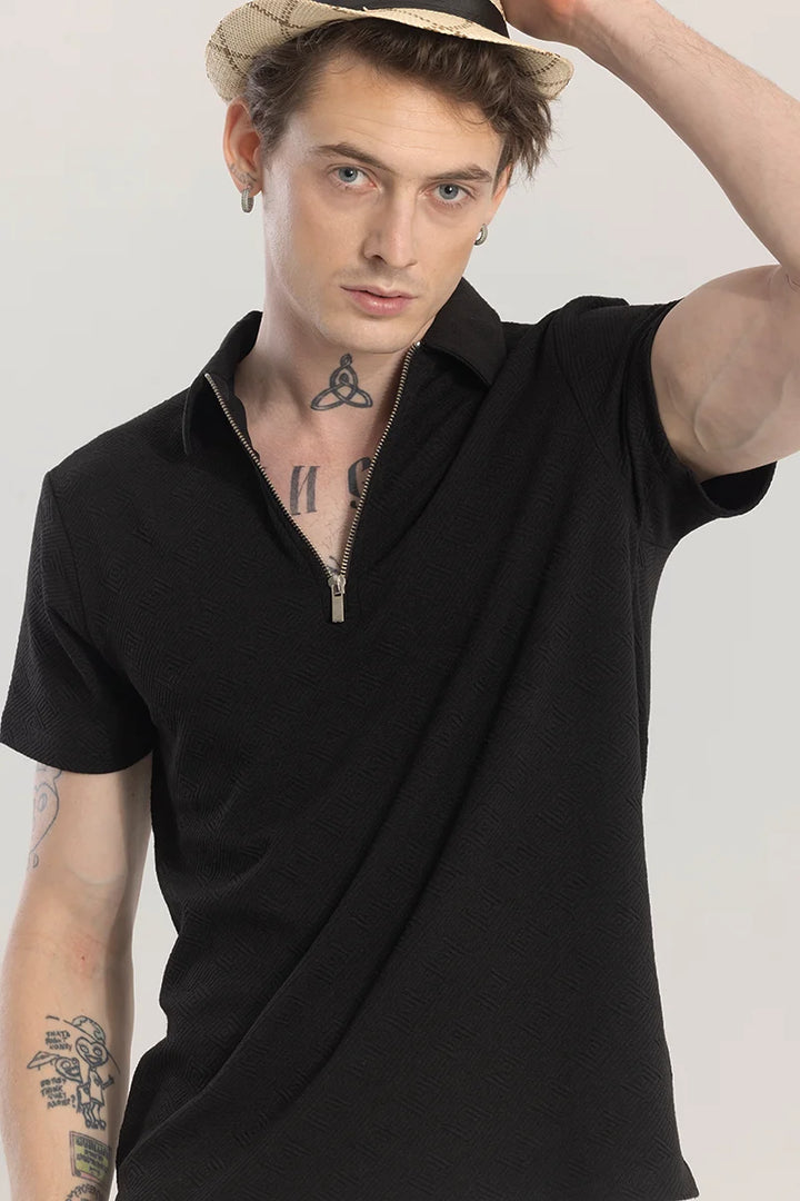 ZipPolo Black Printed Polo T-shirt