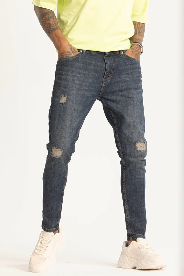 Greyish Blue Distressed Skinny Fit Jeans