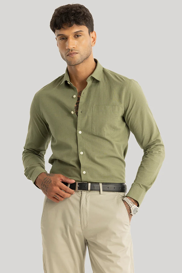 Claudio Olive Plain Linen Shirt