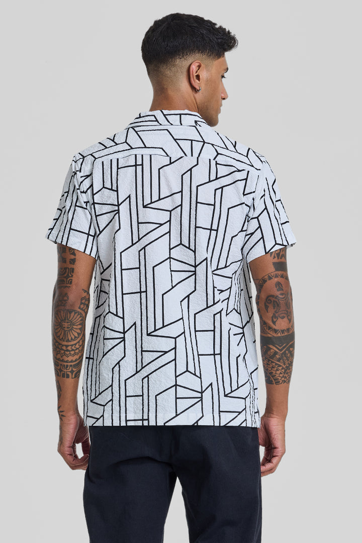 White Geometric Slim Fit Shirt