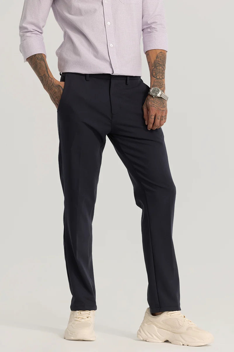 Navy Plain Regular Fit Trousers