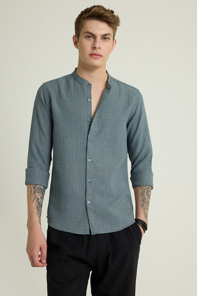 Teal Mandarin Self Stripe Shirt