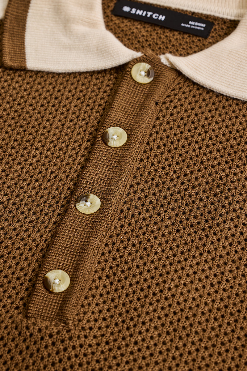 Brown Colourblocked Knitted Polo T-Shirt