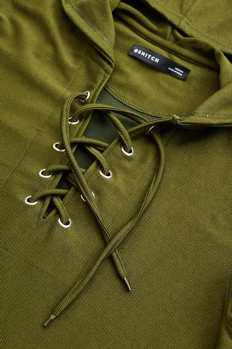 Olive Lace-Up Textured Hoodie